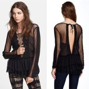 Free People Black Lace Ruffle Keyhole Back Midnight Memories Top